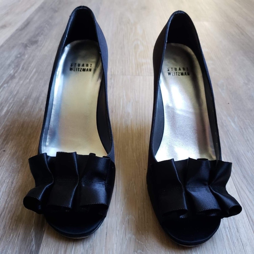 Black Satin Open Toe Pumps - Picture 2 of 9
